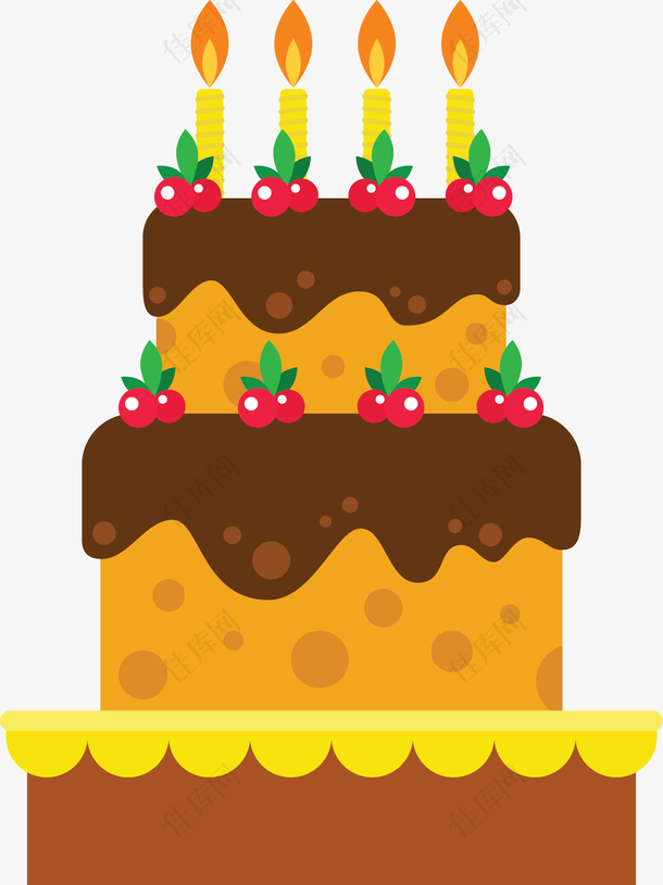 可爱三层巨型生日蛋糕矢量图