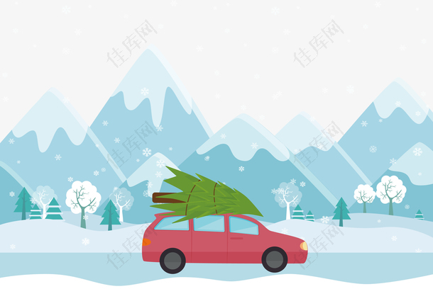 在冰天雪地里载树的车