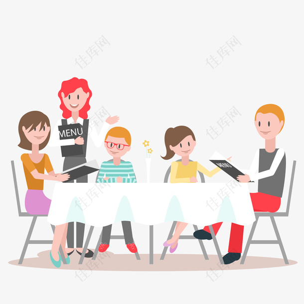 餐桌点餐的卡通一家人