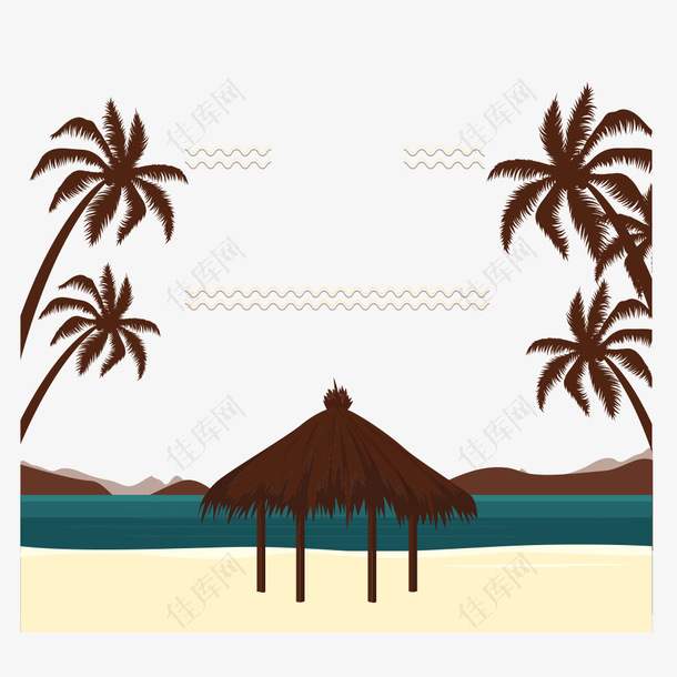海滩度假椰树茅棚卡通矢量素材