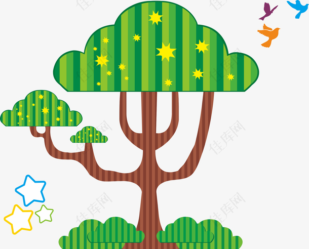 插画手绘大树星星树扁平化树