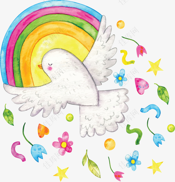 手绘风彩虹和平鸽