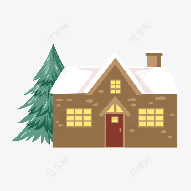 黄色雪中房屋和松树