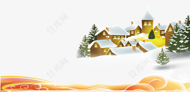 雪地小屋和红色背景