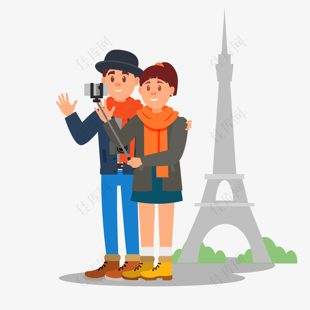 一对在巴黎铁塔前自拍的情侣
