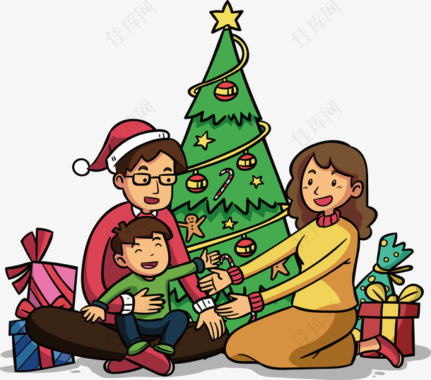 手绘开心的一家人过圣诞