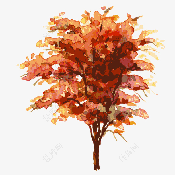 手绘水彩红色景观树木设计素材