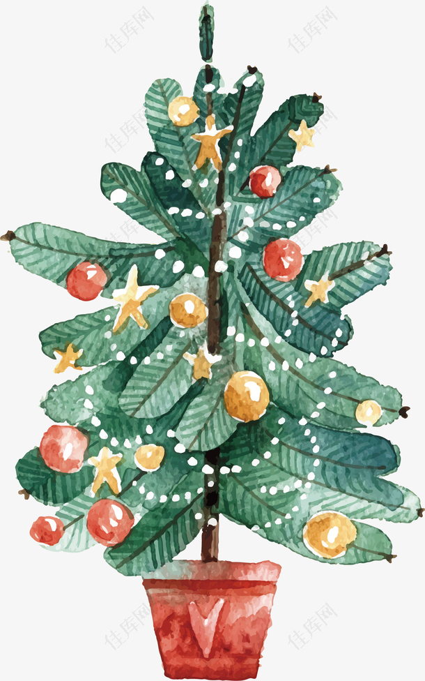 手绘水彩圣诞树盆栽