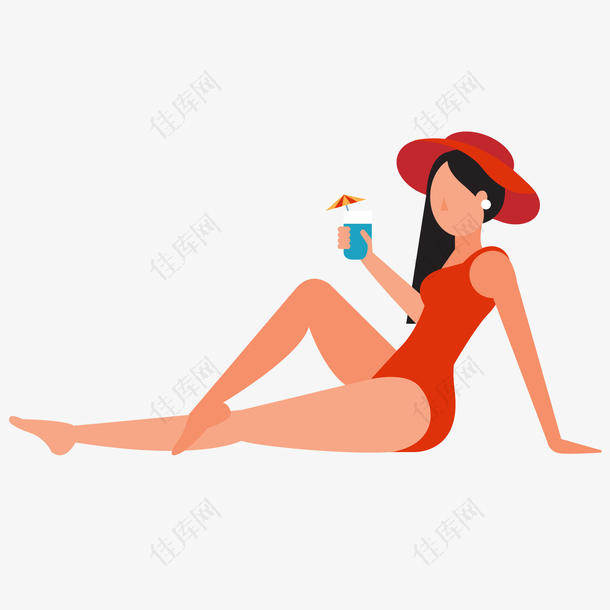 抬腿坐着喝饮料的红色泳装女子