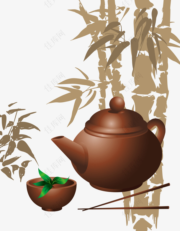 矢量手绘竹子和茶壶