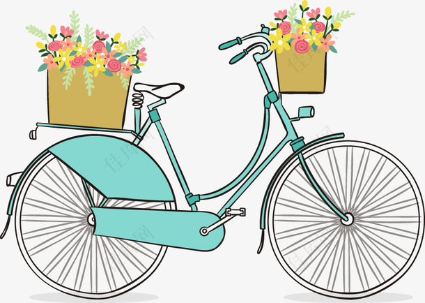 手绘绿色自行车花篮图案