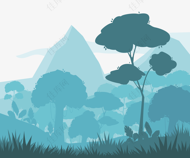 蓝色山峰与一片树林