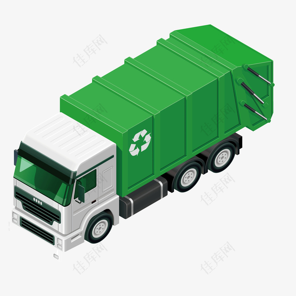 矢量卡通绿色卡车垃圾车循环车