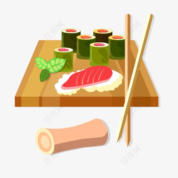 矢量寿司卷木质桌子筷子