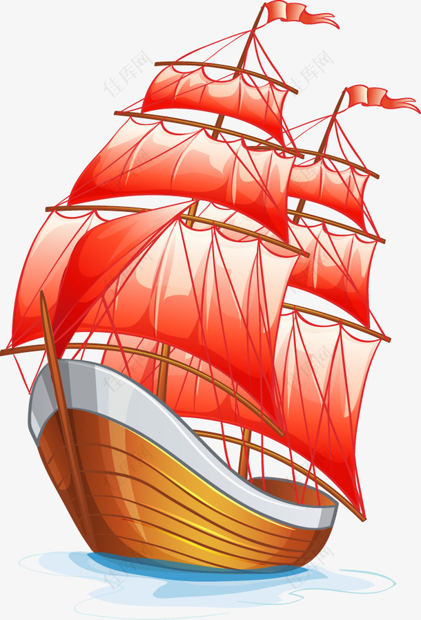 矢量卡通红色帆船