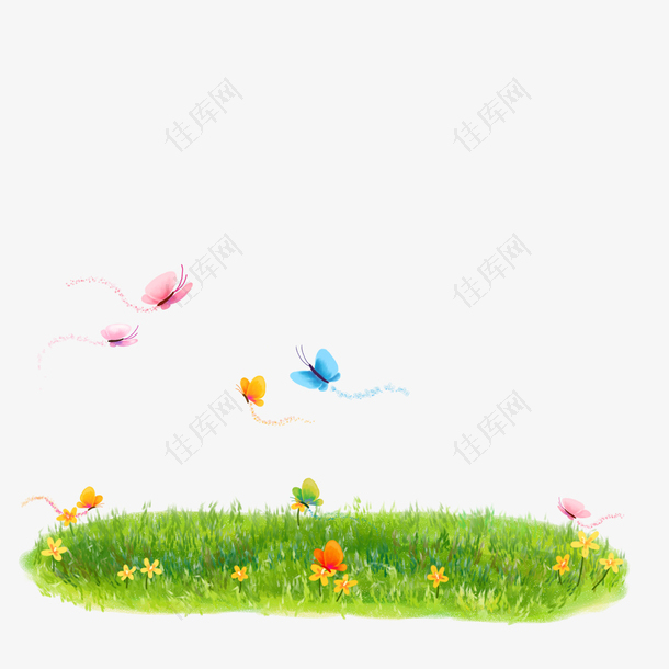 绿色草地上飞舞的彩色蝴蝶