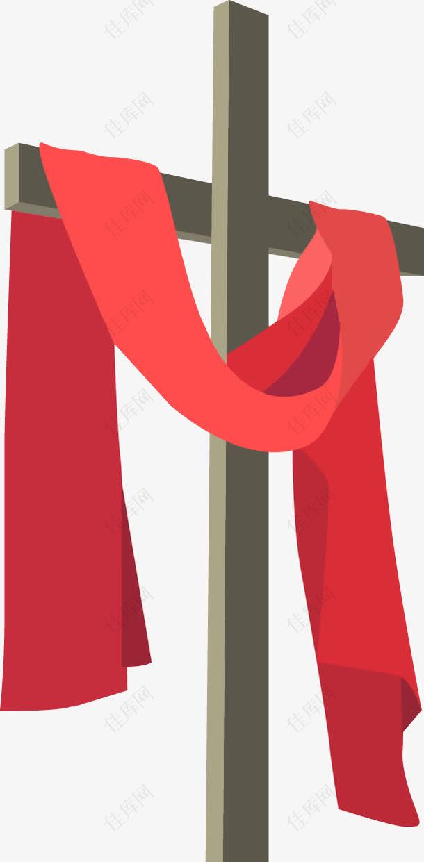 矢量手绘十字架上搭着红布