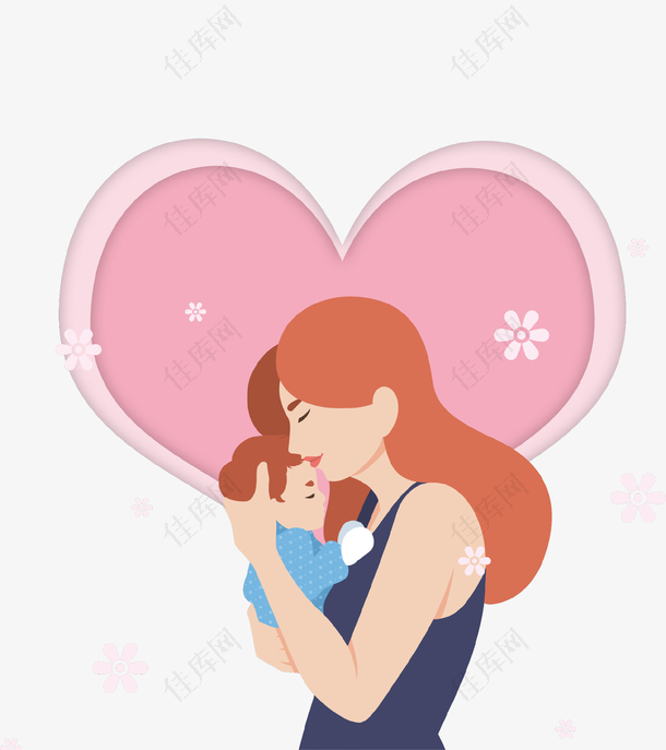 粉色手绘抱着孩子的妈妈