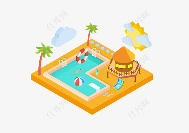 夏日度假酒店游泳池25d矢量插画