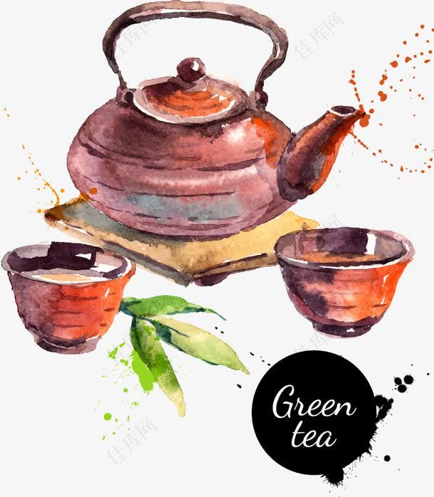 手绘水彩茶壶和绿茶