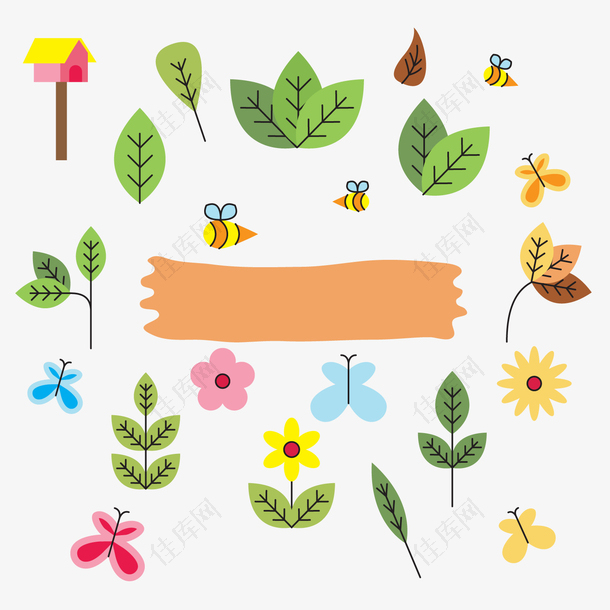 树叶花朵蝴蝶和蜜蜂矢量图