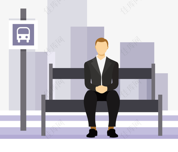坐在公交站台等车的商务男士