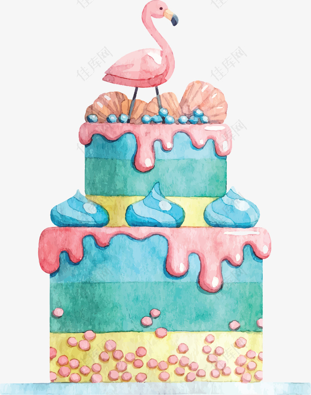 水彩手绘火烈鸟蛋糕