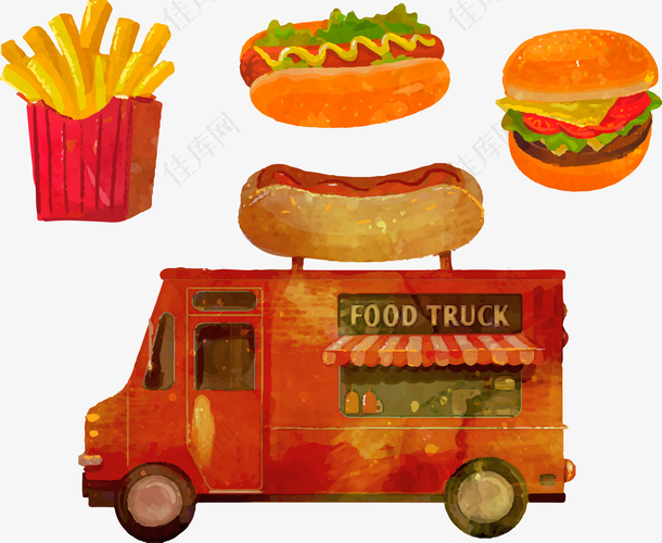 水彩绘快餐车和3种快餐矢量素材