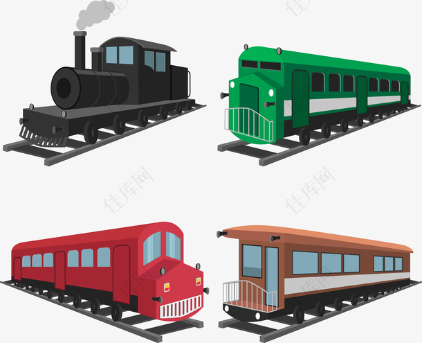 4款彩色老式火车矢量素材