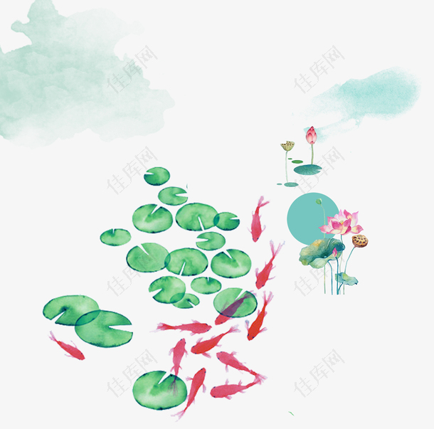 彩色卡通手绘山水间鱼塘
