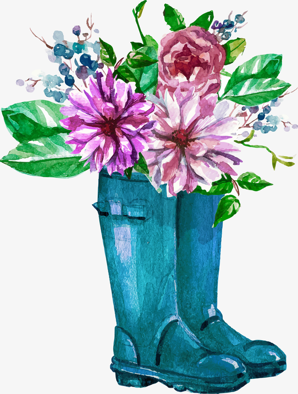 水彩手绘靴子花朵装饰图案