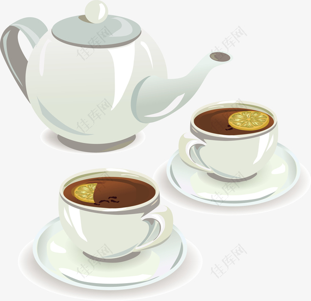 矢量白色茶壶与咖啡杯