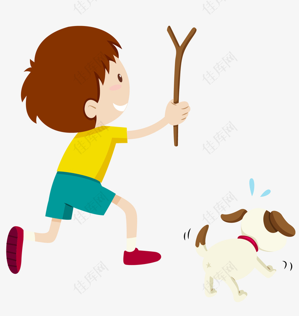 手绘拿树枝的小男孩背影和狗