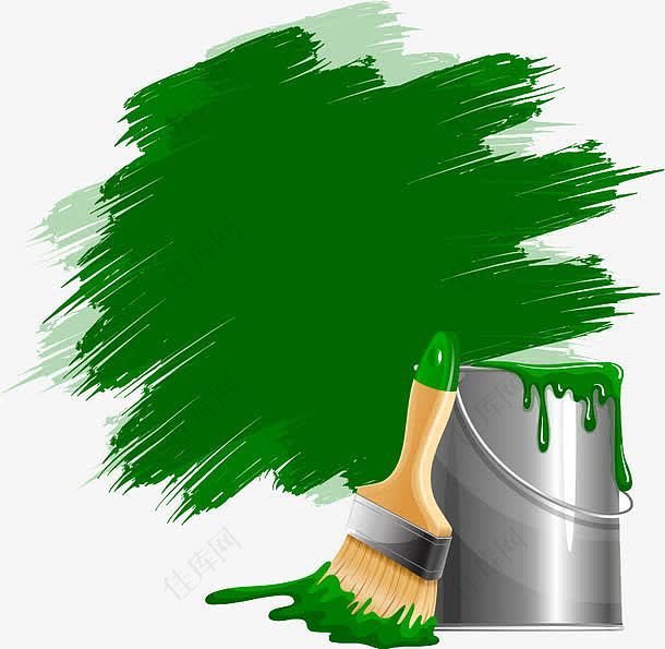 刷绿油漆的油漆桶与刷子