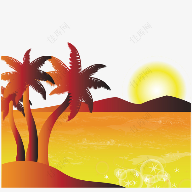 夕阳下的椰子树海滩