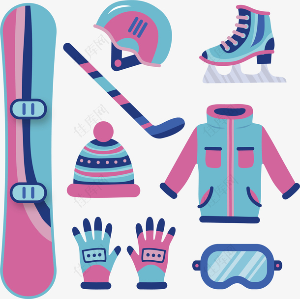 粉色蓝色滑雪装备