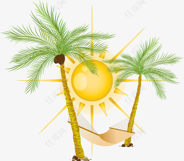 太阳底下椰树吊床矢量图