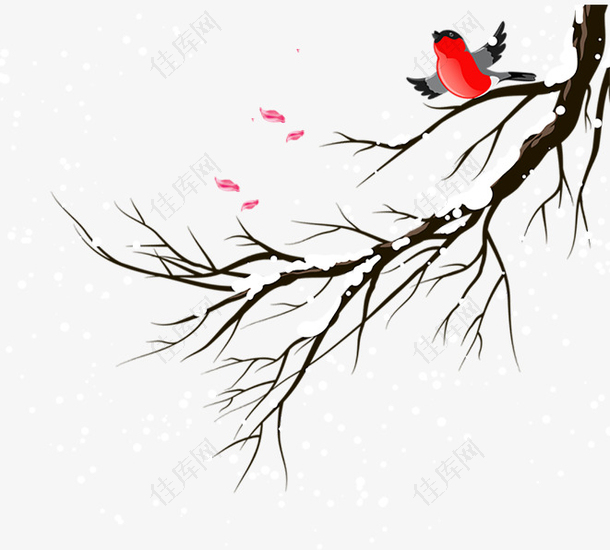 免扣卡通冬季树枝上飞翔的鸟