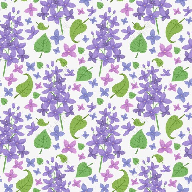 紫色丁香花和叶子无缝背景