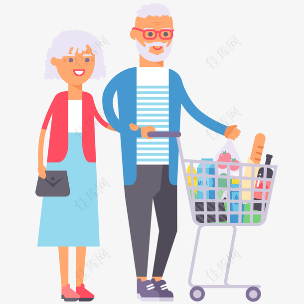 老年夫妇推着购物篮插画