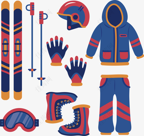 红蓝色冬季滑雪装备