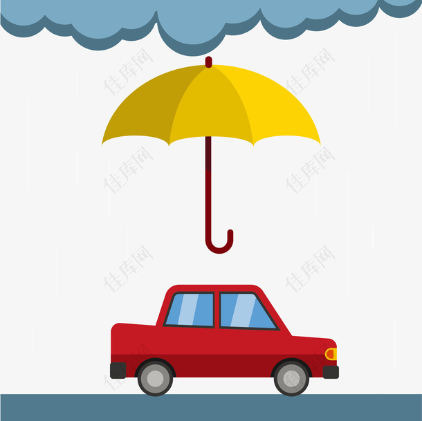 矢量下雨天汽车和黄色的伞