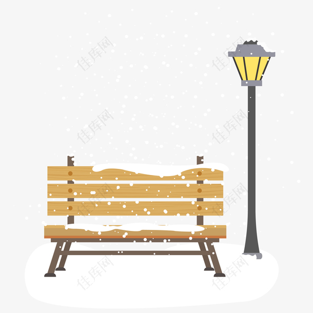 新年手绘冬天公园下雪座椅
