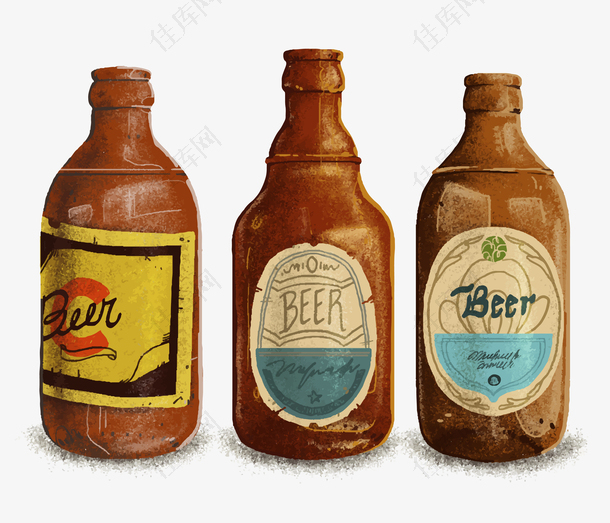 水彩手绘外国复古啤酒瓶子
