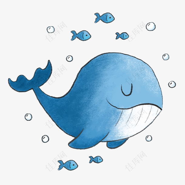 手绘水墨风格的蓝色鲸鱼