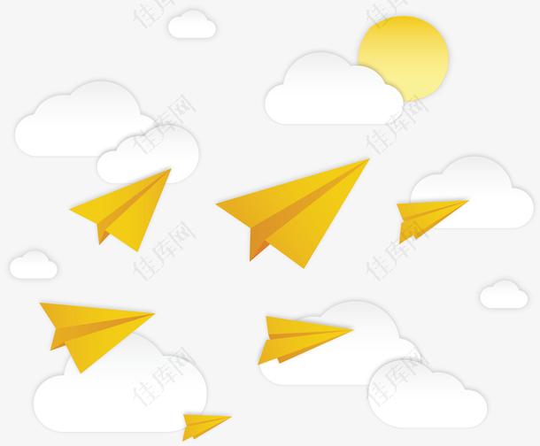 空中云端黄色纸飞机