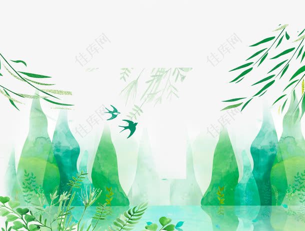 绿色清新文艺手绘山水背景