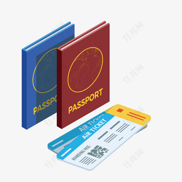 卡通飞机票与护照矢量图