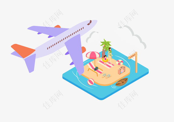 小岛旅游度假飞机25d矢量插画