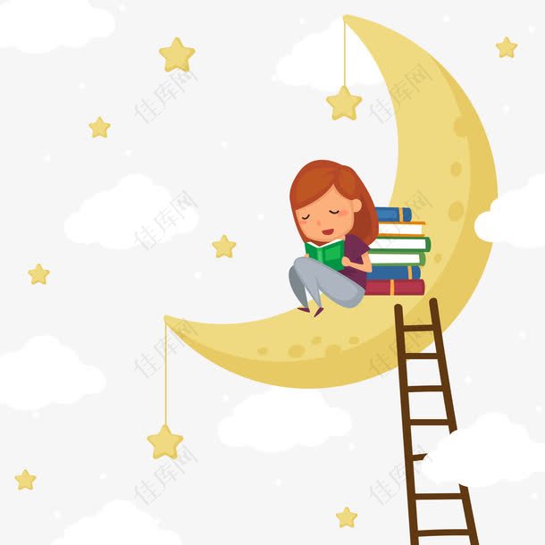 矢量女孩在月球上读书